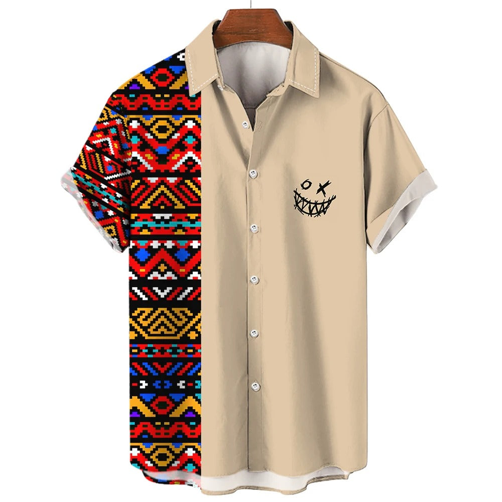 Vintage Ethno Print Herren Casual Kurzarm T-Shirt Cowboy Revers Knopf Bluse Streetwear Poloshirt 
