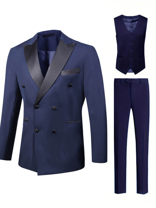 Men's Two-Tone Tuxedo Three-Piece Suit | Double-Breasted Banquet Blazer Set | Slim Fit Dinner Suit for Weddings | AK113