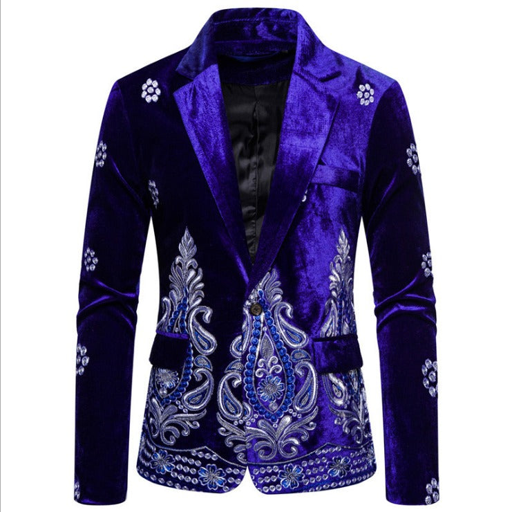 Luxus-Blazer für Herren, Samt, mit Goldfaden bestickt, Hochzeitsanzug, Nachtclub, Party, Kostüm, Mäntel | X1009 
