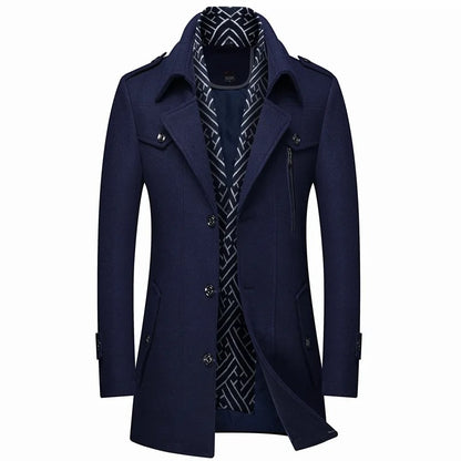 Men's Thickened Wool Windbreaker Coat Scarf Collar Medium-Long Jacket for Winter Warmth | 1906