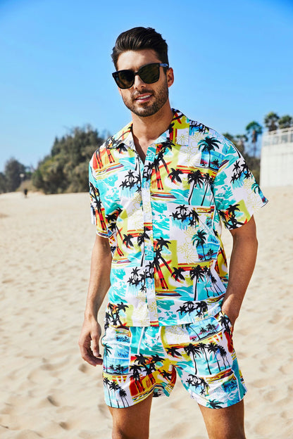 Camicia da uomo corta 2 pezzi hawaiana stampa tropicale ampia casual set | ST05 