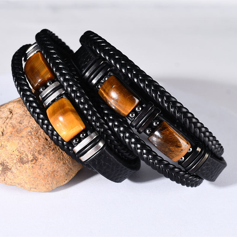 Herrenarmband aus Tigerauge-Stein, mehrlagiges Leder &amp; Seil mit Magnetverschluss | YM-0096-A