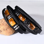 Herrenarmband aus Tigerauge-Stein, mehrlagiges Leder &amp; Seil mit Magnetverschluss | YM-0096-A