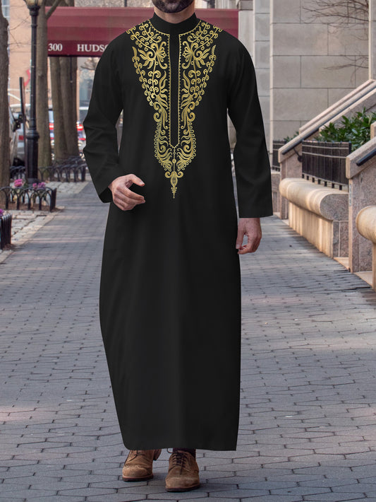 Men's Ethnic Embroidered Robe Long Sleeve Muslim Arabian Thobe with Standing Collar | 524859