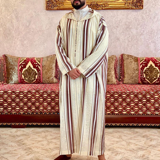 Men's Long Casual Shirt Plain Beige Muslim Robe for Elegant Comfort | 1236520