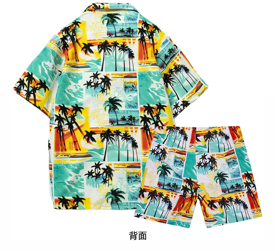 Camicia da uomo corta 2 pezzi hawaiana stampa tropicale ampia casual set | ST05 