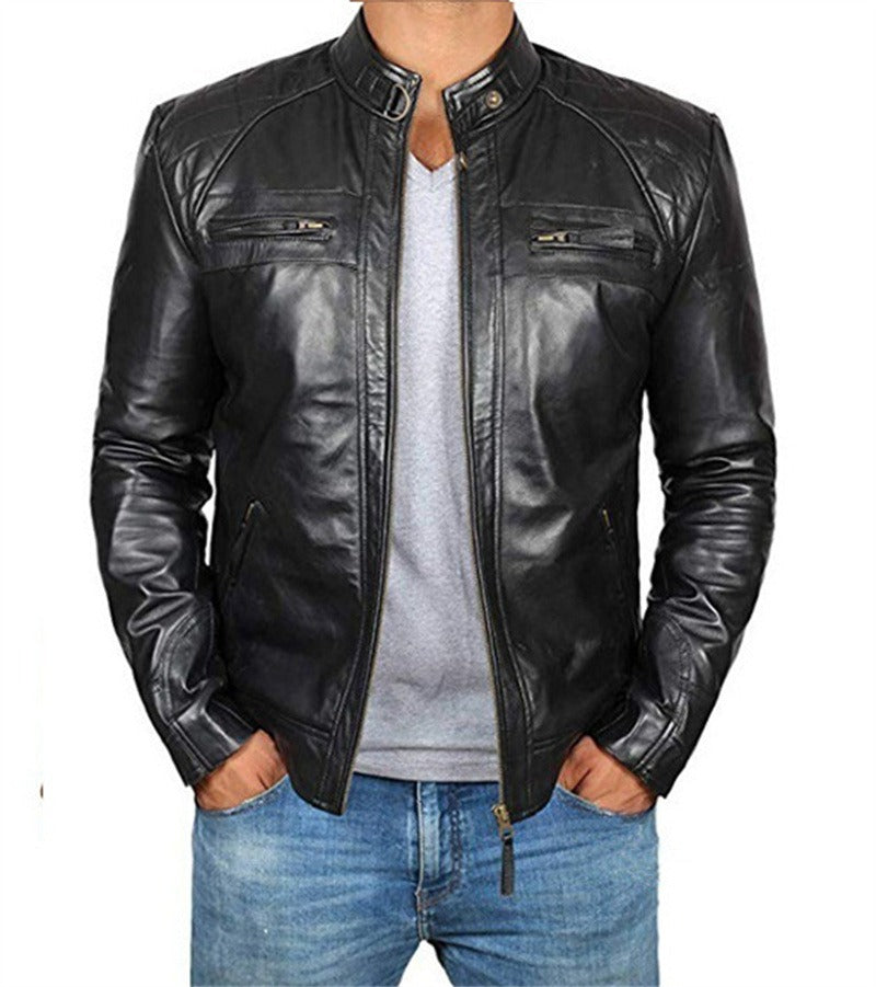 Veste en cuir d'agneau véritable vieilli à col montant pour homme | PY51 