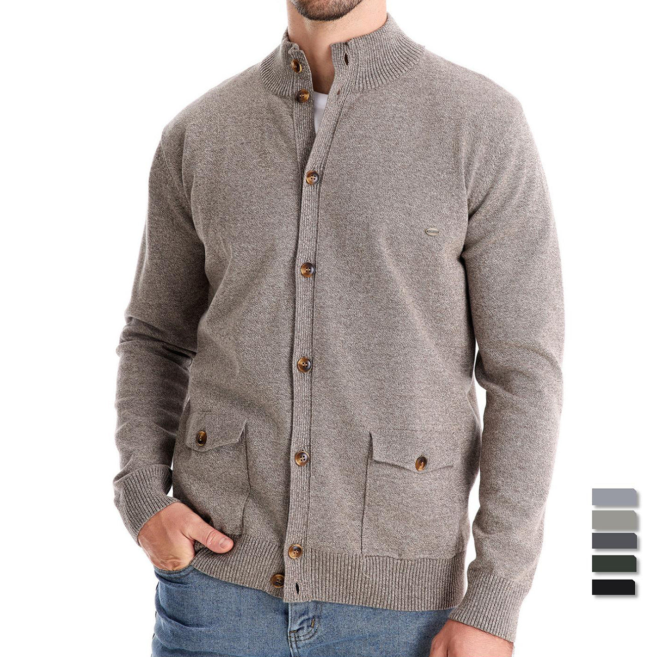 Men's Cotton Cable Knit Cardigan with Pockets, Stand Collar, Button-Down Sweater | CW61