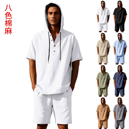 Herren Sommer Leinen Kapuzenhemd &amp; Shorts Set Leichtes Casual Beachwear Set | CW15 