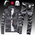 Herren Jeansjacke Jeanshose Buchstaben Druckhose 3-teiliges Set Casual Single Breasted 