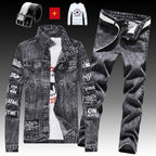 Herren Jeansjacke Jeanshose Buchstaben Druckhose 3-teiliges Set Casual Single Breasted 