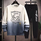 2-teiliges Sweat-Set für Herren, Hose, lässiger Pullover, T-Shirt, Oberbekleidung, locker, All-Match, Farbverlauf, langärmelig, Studentenoberteile | W93 
