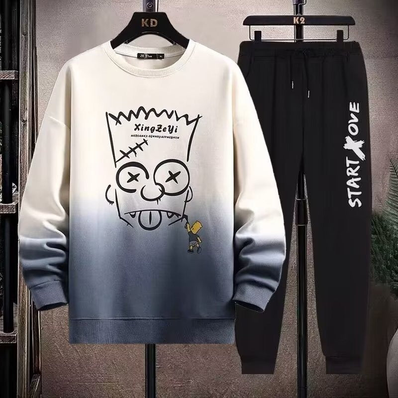 2-teiliges Sweat-Set für Herren, Hose, lässiger Pullover, T-Shirt, Oberbekleidung, locker, All-Match, Farbverlauf, langärmelig, Studentenoberteile | W93 