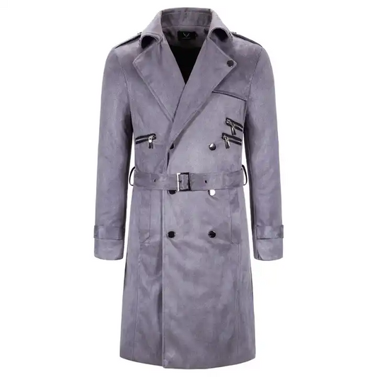 Men's Long Faux Suede Trench Coats Belted Lapel Jacket Work Double-Breasted Overcoats | 1115