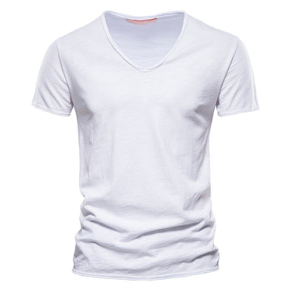 Herren T-Shirt mit tiefem V-Ausschnitt, 100 % Baumwolle, einfarbig, V-Kragen, hochwertiges Basic-T-Shirt | F037 