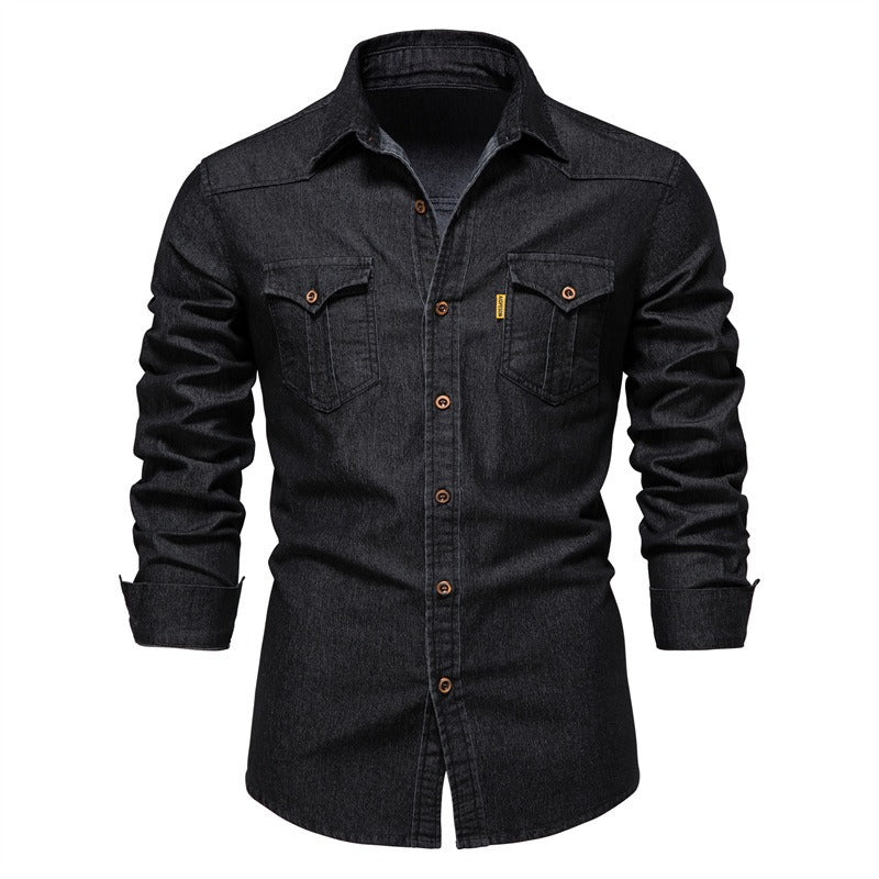 Herren Langarm Denim Bügelfreies Freizeithemd Einfarbig Baumwolle Vintage Style | 6022 