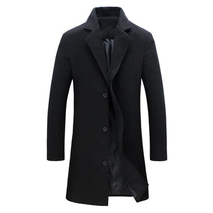 Men Woolen Jacket Solid Color Single-Breasted Lapel Long Coat Business Overcoat | D67