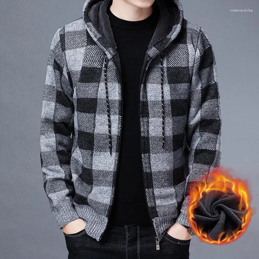 Men's Winter Casual Coat Hooded Knit Outwear Plaid Sweater Full Zipper Cardigan Jackets