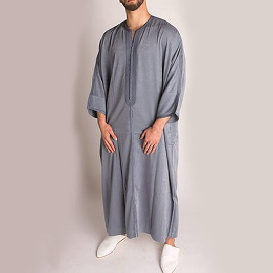 Grey African Ethnic Men's Long Shirt – Spot Muslim Robe Style Pullover | 1138203