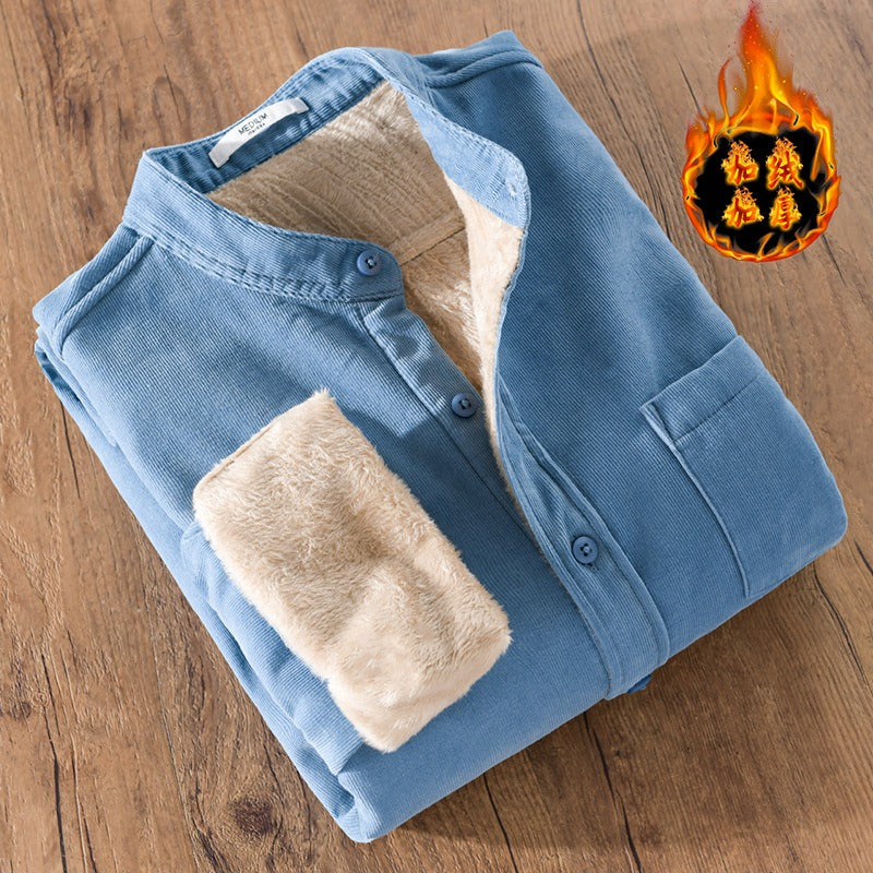 Winter Verdicktes Casual Vintage Stehkragen Cord Langarmhemd Samt Dicke Warme Oberteile | 9433 