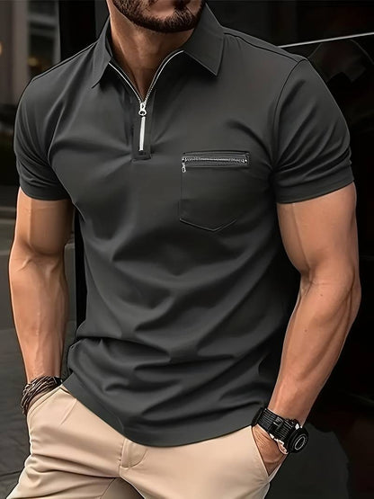 T-shirt à manches courtes et col à revers pour homme, couleur unie, décontracté, avec fermeture éclair sur le quart | FLS-4 