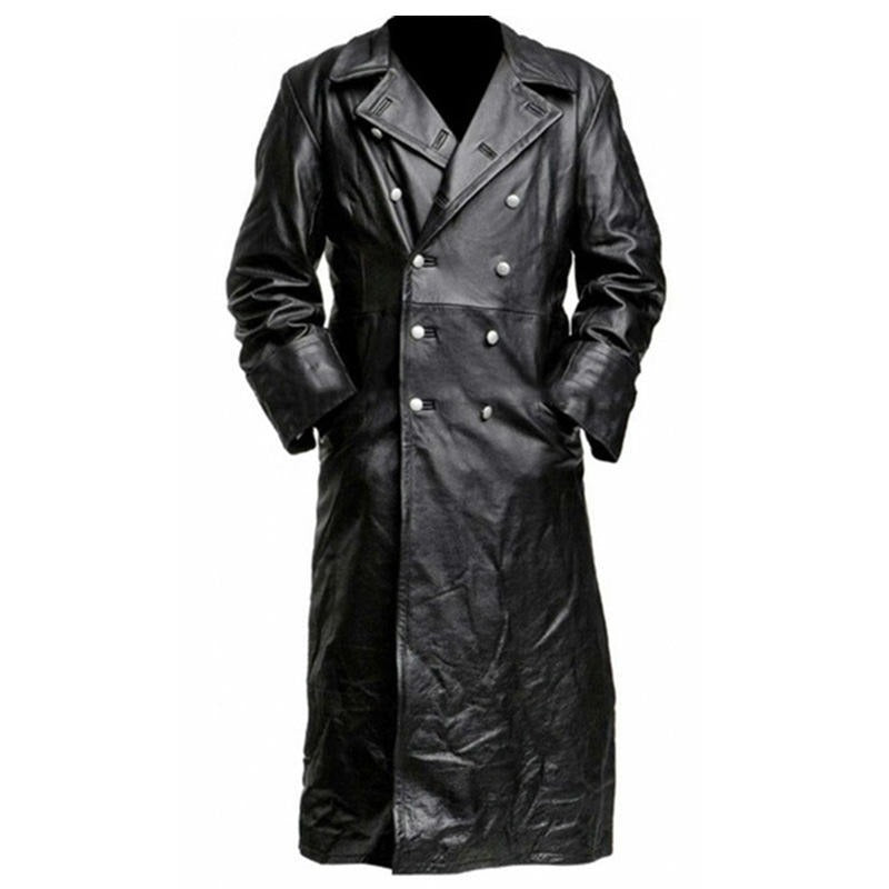 Vintage German Officer Black Leather Trench Coat Steampunk Gothic Long Halloween Costume | ZM100
