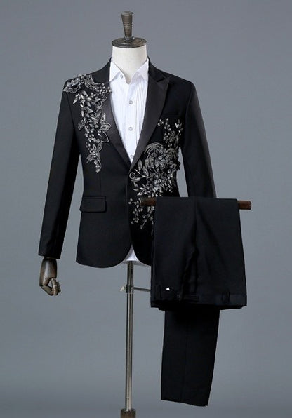 Completo da uomo elegante da 2 pezzi, con paillettes lampeggianti, ricamato, blazer di cristallo, cappotto, smoking da ballo, costume da sposa 