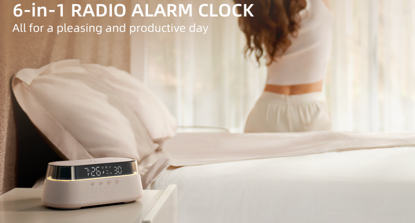 Bedside Alarm Clock Radio with Wireless Charging & Night Light Modern All-in-One Design | S39W