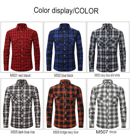 Men Slim Wear Plaid Premium Long Sleeve Double Pocket Flannel Foreign Trade Shirt | M501