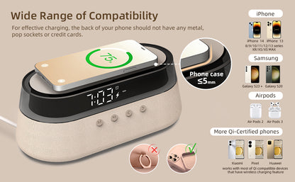 Bedside Alarm Clock Radio with Wireless Charging & Night Light Modern All-in-One Design | S39W