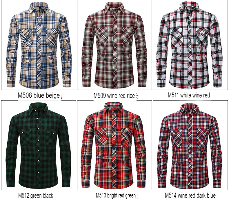 Men Slim Wear Plaid Premium Long Sleeve Double Pocket Flannel Foreign Trade Shirt | M501