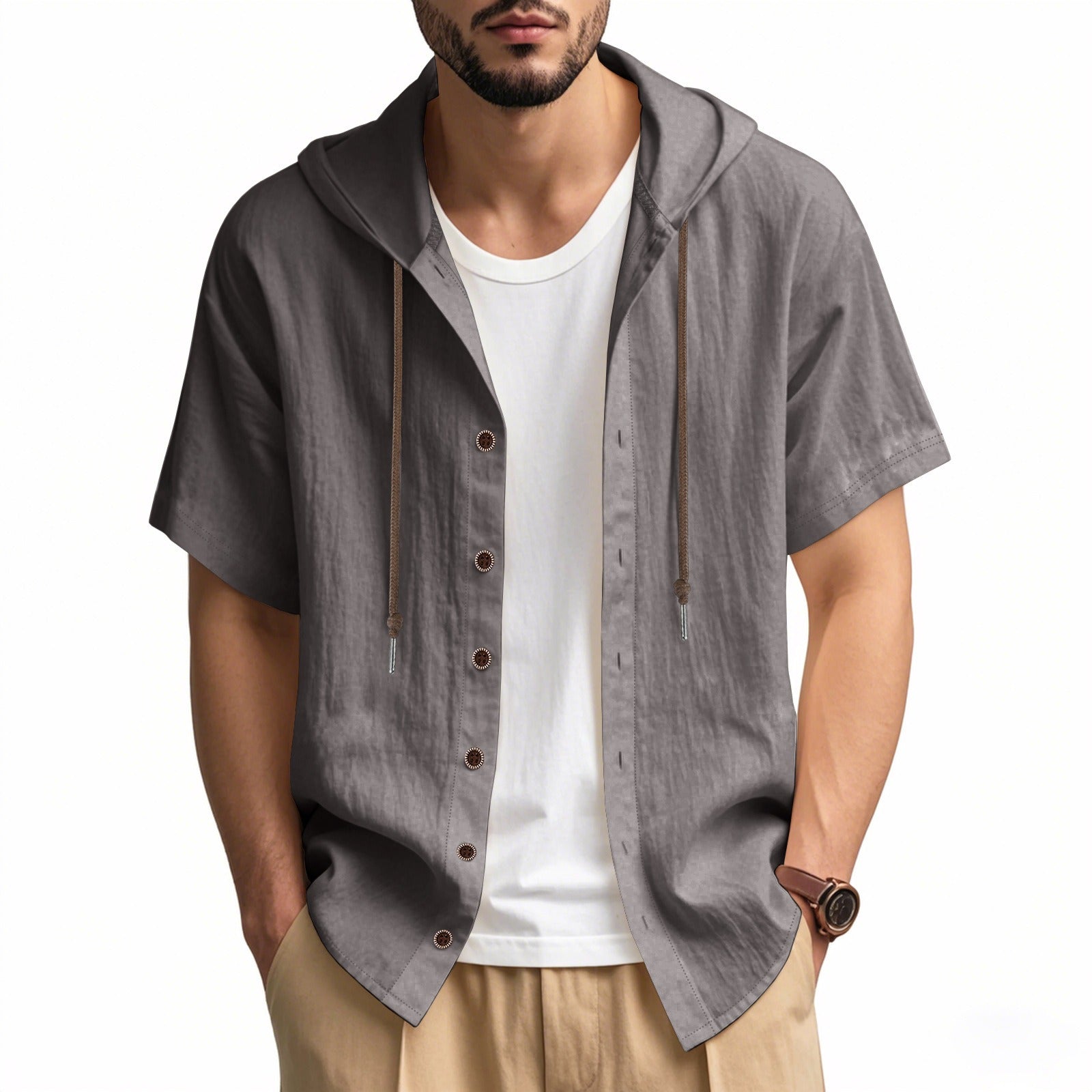 Herren Oversized Leinen Kapuzenhemd – Kurzarm Amekaji Casual Sommer Overshirt | 2455C 