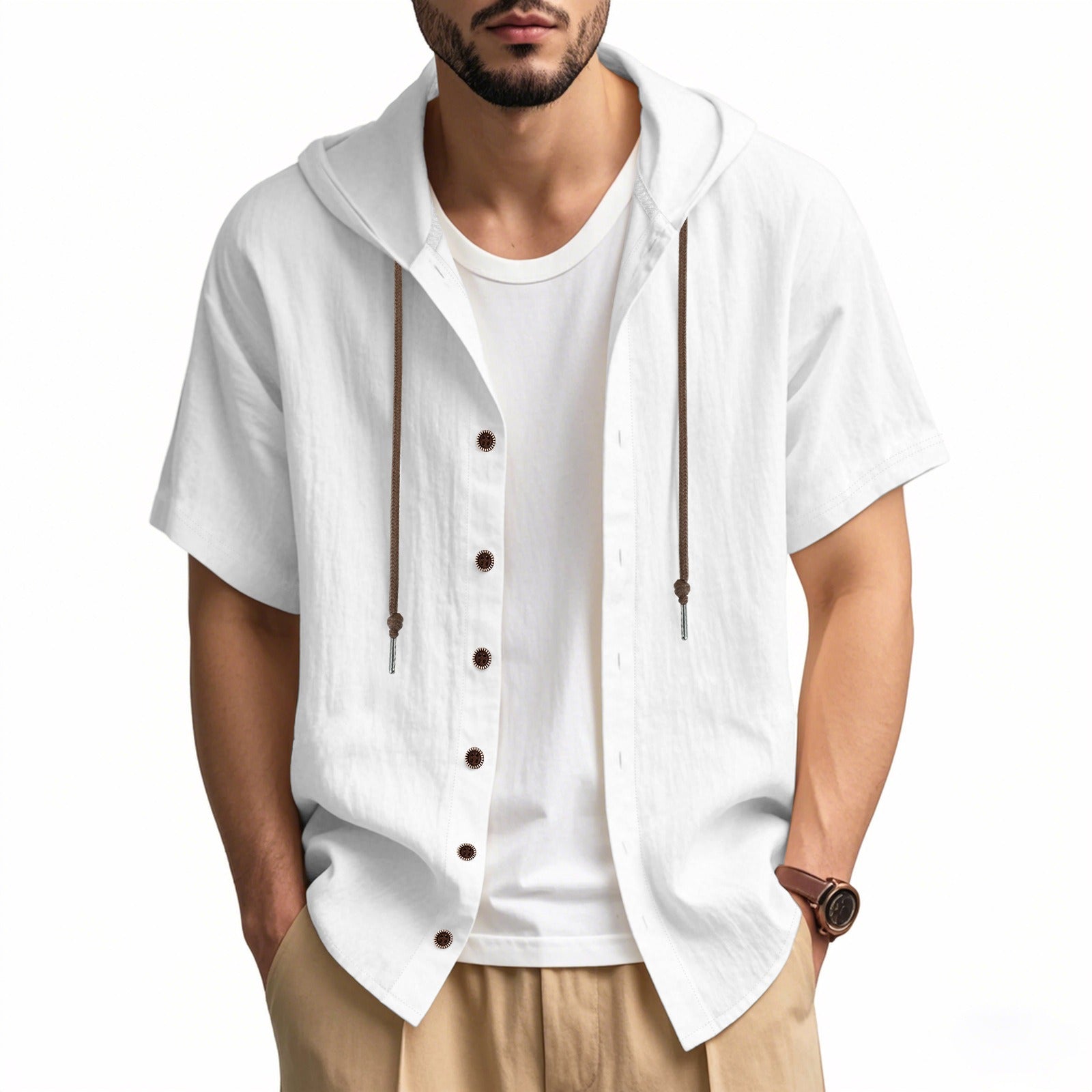 Herren Oversized Leinen Kapuzenhemd – Kurzarm Amekaji Casual Sommer Overshirt | 2455C 
