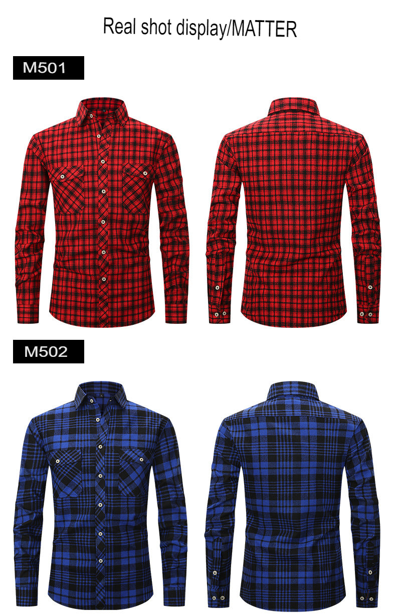 Men Slim Wear Plaid Premium Long Sleeve Double Pocket Flannel Foreign Trade Shirt | M501