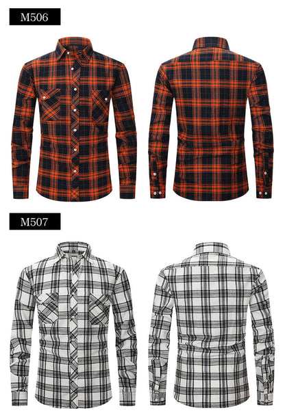 Men Slim Wear Plaid Premium Long Sleeve Double Pocket Flannel Foreign Trade Shirt | M501