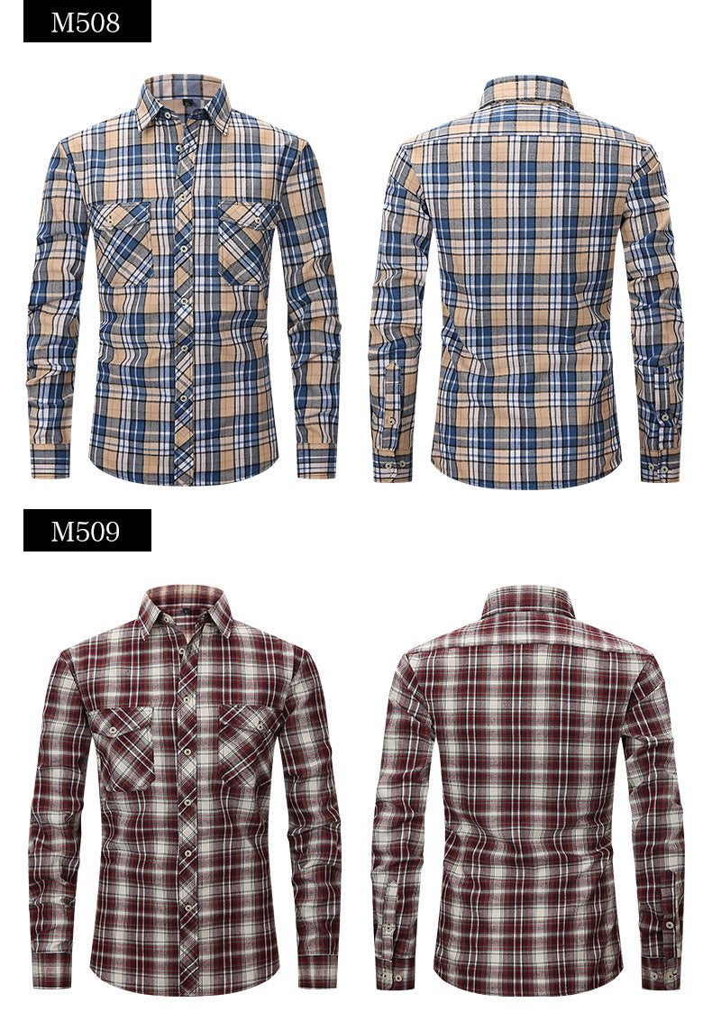 Herren Slim Wear Plaid Premium Langarm Doppeltasche Flanell Außenhandelshemd | M501 