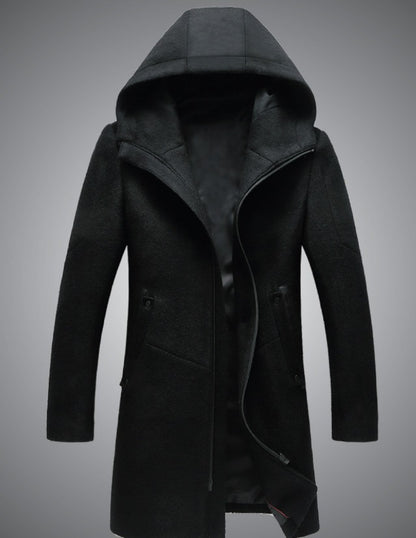 Herren Premium End Wollmischung Trenchcoat Reißverschluss Kapuze Mittellanger Mantel 