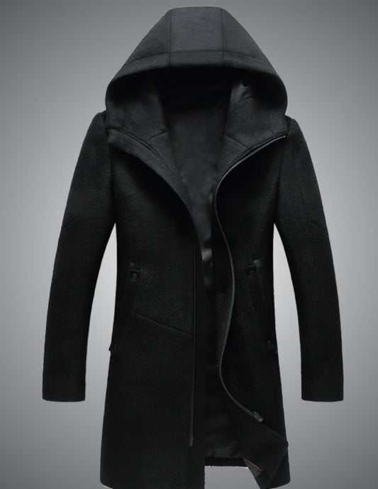 Herren Premium End Wollmischung Trenchcoat Reißverschluss Kapuze Mittellanger Mantel 