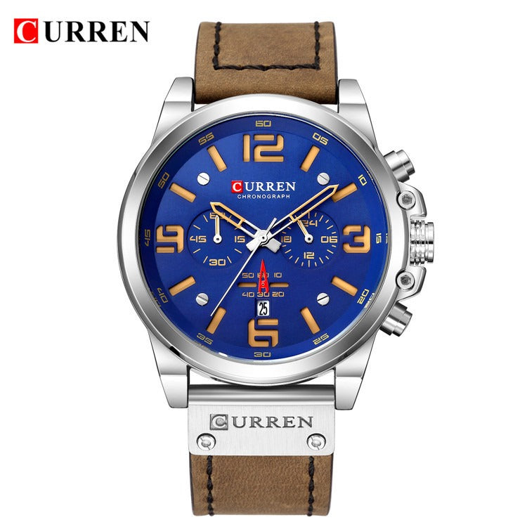 Herren Lederuhr Chronograph Armbanduhr Business Quarz Kalender Militäruhr | 8314 