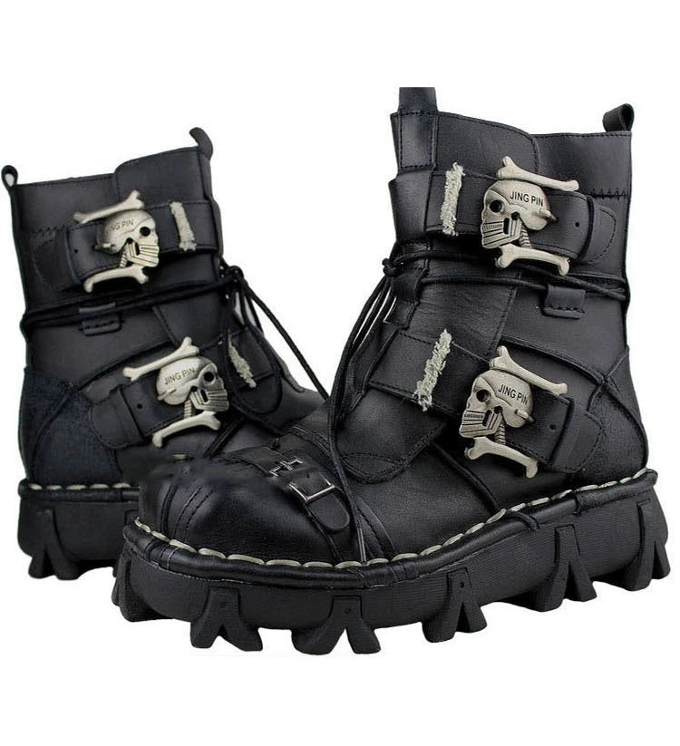 Men's Genuine Leather Harley Boots | Skull Design Motorcycle Ankle Boots | Waterproof & Anti-Slip Work Boots | 1809