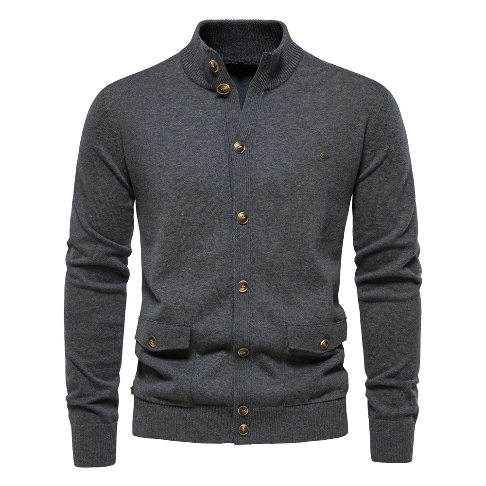 Herren-Strickjacke aus Baumwolle mit Zopfmuster, Taschen, Stehkragen, Button-Down-Pullover | CW61 