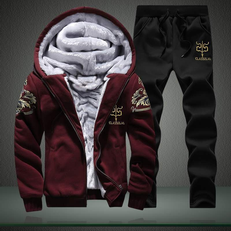 Herren Winter Trainingsanzug Fleece Gefüttert Sweatshirt Hoodie Jacke Mantel Hose Trainingsanzug 