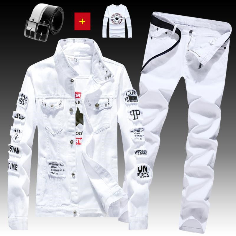 Herren Jeansjacke Jeanshose Buchstaben Druckhose 3-teiliges Set Casual Single Breasted 