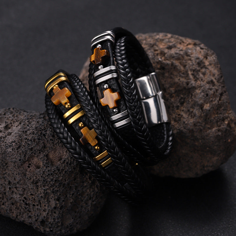 Herren Magnetisches Lederarmband Tigerauge Stein &amp; Doppelkreuz Edelstahl | YM-0361
