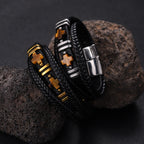 Herren Magnetisches Lederarmband Tigerauge Stein &amp; Doppelkreuz Edelstahl | YM-0361