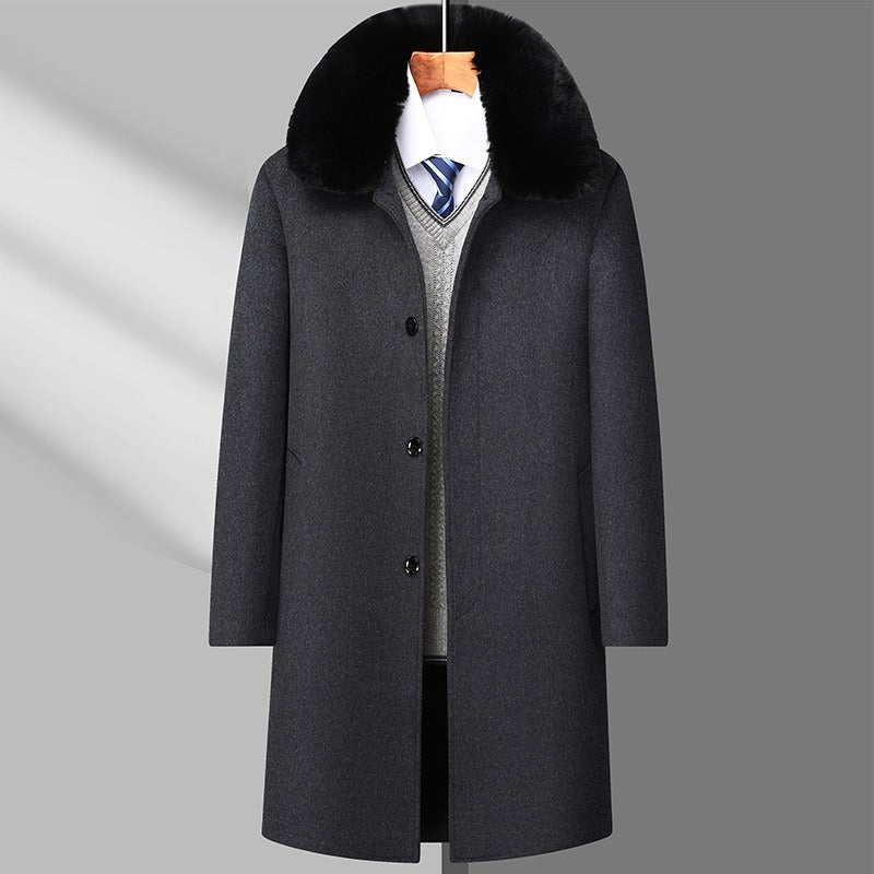 Men's Casual Business Single Breasted Long Peacoats Overcoat Winter Wool Coats Fur Collar Trench Coat | DY9802