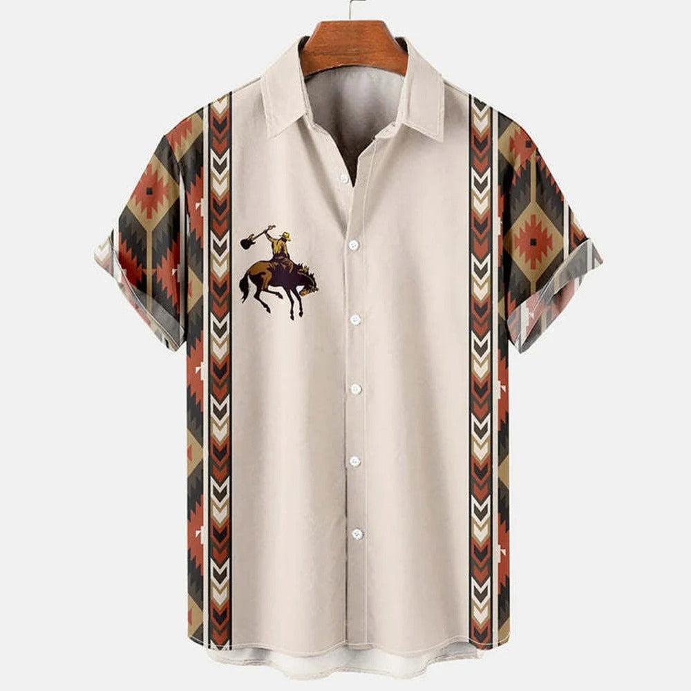 Vintage Ethno Print Herren Casual Kurzarm T-Shirt Cowboy Revers Knopf Bluse Streetwear Poloshirt 
