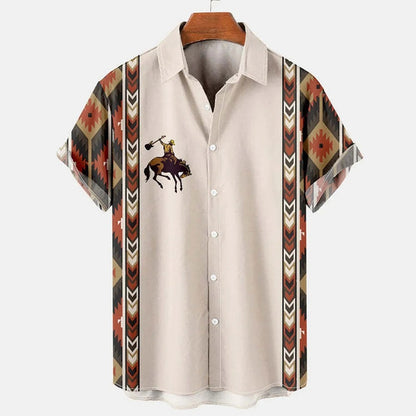 Vintage Ethnic Print Men’s Casual Short Sleeve T Shirt Cowboy Lapel Button Blouse Streetwear Polo Shirt