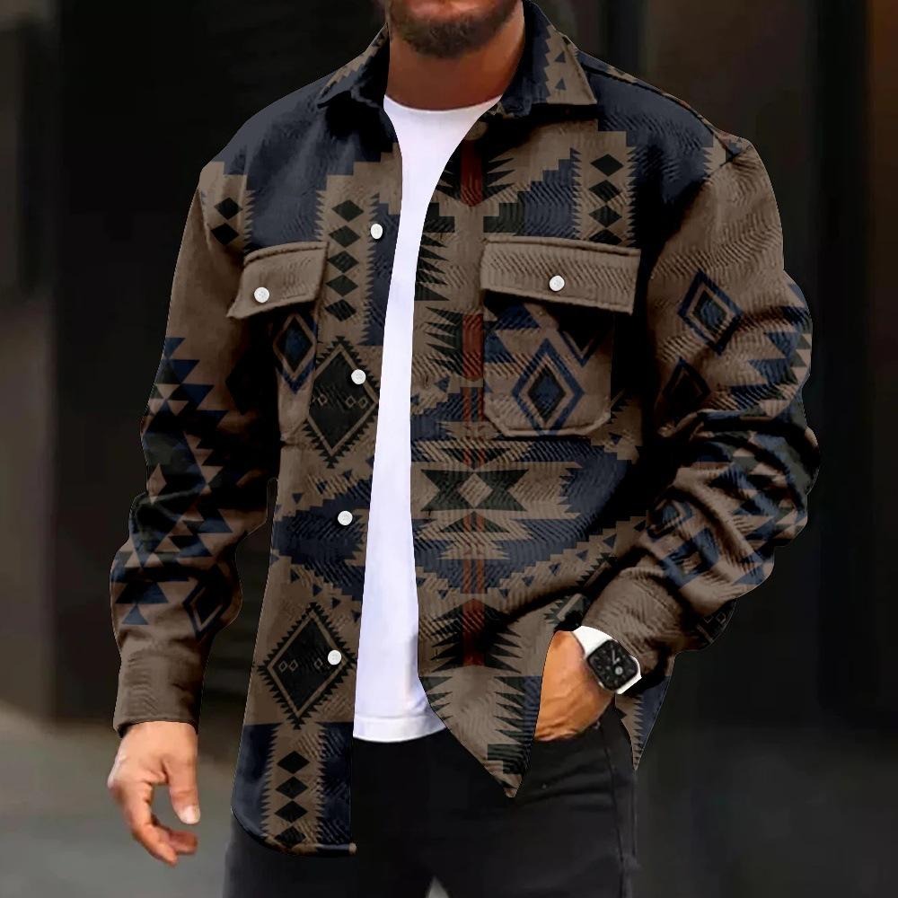 Western Vintage Navajo Aztec Bohemian Style Lässige einreihige Cord-Fleecejacke | SYG-4459 