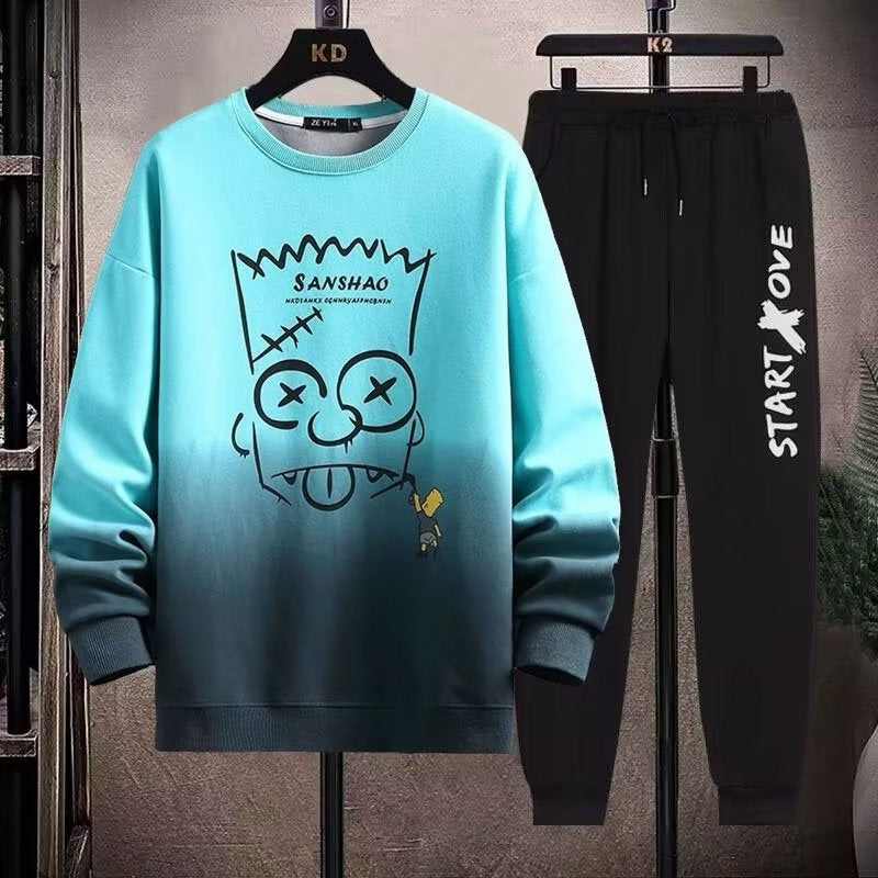 2-teiliges Sweat-Set für Herren, Hose, lässiger Pullover, T-Shirt, Oberbekleidung, locker, All-Match, Farbverlauf, langärmelig, Studentenoberteile | W93 